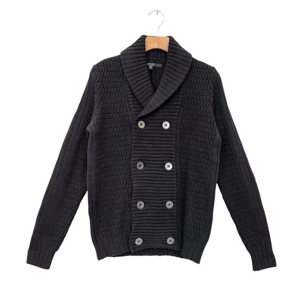 Guess Womens Waffle Knit Sweater Small Black Button Up Shawl Collar Long Sleeve - Picture 1 of 10